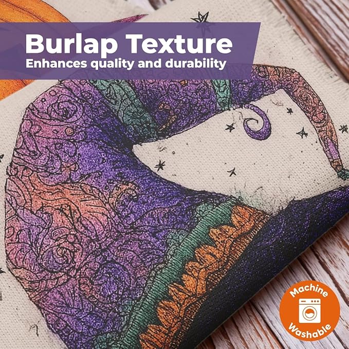 Happy Halloween Garden Flag 12x18 Inch – Pumpkin with Purple Hat, Double Sided Burlap Fall Yard Flag for Outside