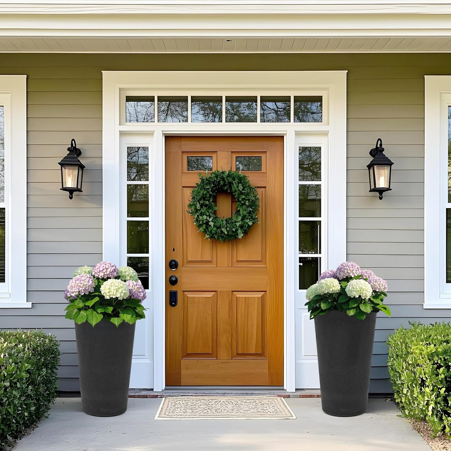 24" Set of 2 Tall Resin Outdoor Planters, Heavy-Duty Resin Flower Pots, Matte Black Leather Grain Finish, Durable & Weather-Resistant, Ideal for Garden, Patio, Yard, Porch, or Indoor Décor