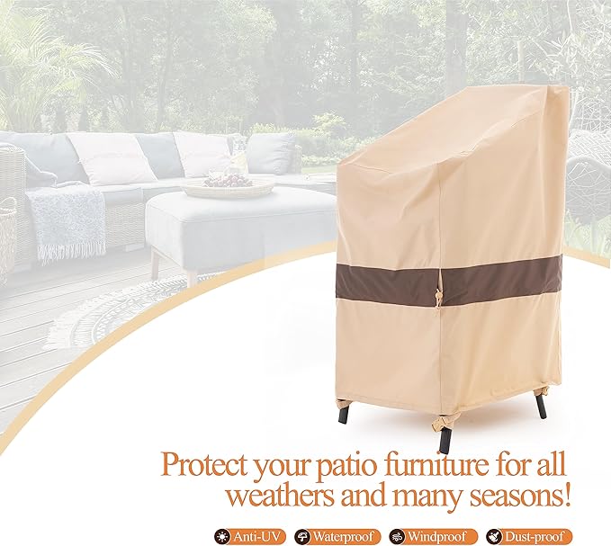 Stackable Patio Chair Cover, Heavy Duty, Wind Resistant and Waterproof Outdoor Lawn Chair Covers, 28W x 36D x 45H, (4-6 Stacked Chairs), Beige/Coffee, 1-Pack