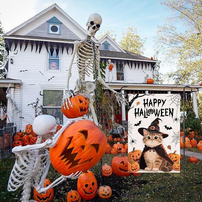 Happy Halloween Small Garden Flag, 12x18 Inch Pumpkin Cat Halloween Party Supplies, Outdoor Linen Double-Sided Yard Funny Flags Decoration
