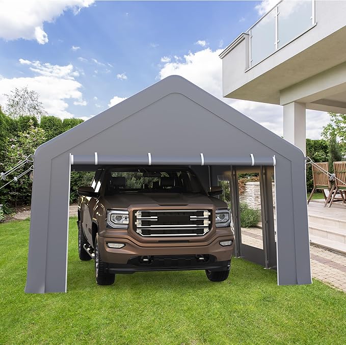 13'x20' Heavy Duty Carport Portable Garage, Outdoor Car Port with 180 g PE All-Season Waterproof Canopy 3 Roll-up Doors and 5 Windows for Car, Truck, SUV, Boat, Gray