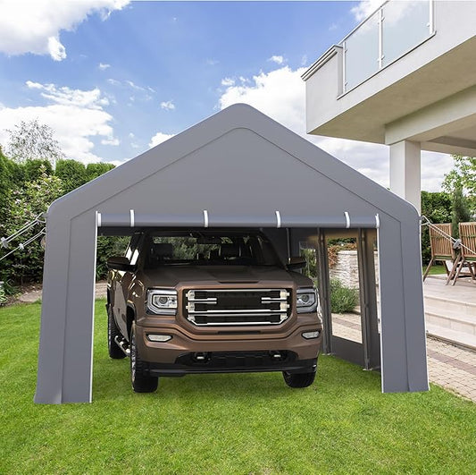 13'x20' Heavy Duty Carport Portable Garage, Outdoor Car Port with 180 g PE All-Season Waterproof Canopy 3 Roll-up Doors and 5 Windows for Car, Truck, SUV, Boat, Gray