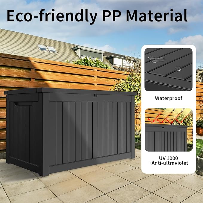 230 Gallon Outdoor Storage Deck Box Waterproof, Large Patio Storage Bin for Outside Cushions, Throw Pillows, Garden Tools, Lockable (Black Resin Lid)