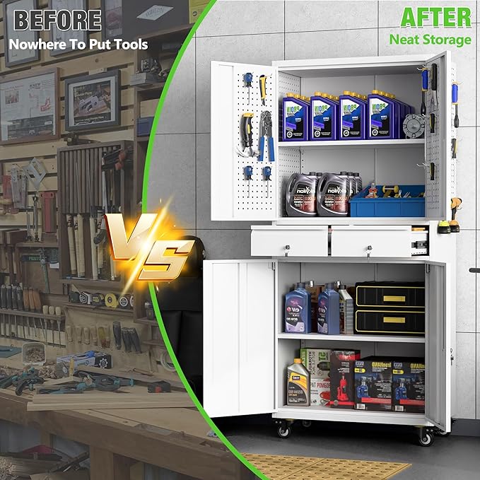 71" H Rolling Tool Storage Cabinet with Pegboard and 2 Drawers,Metal Garage Storage Cabinet with Wheels 4 Doors and Adjustable Shelves for Garage, Kitchen,Office,Required Assembly,White