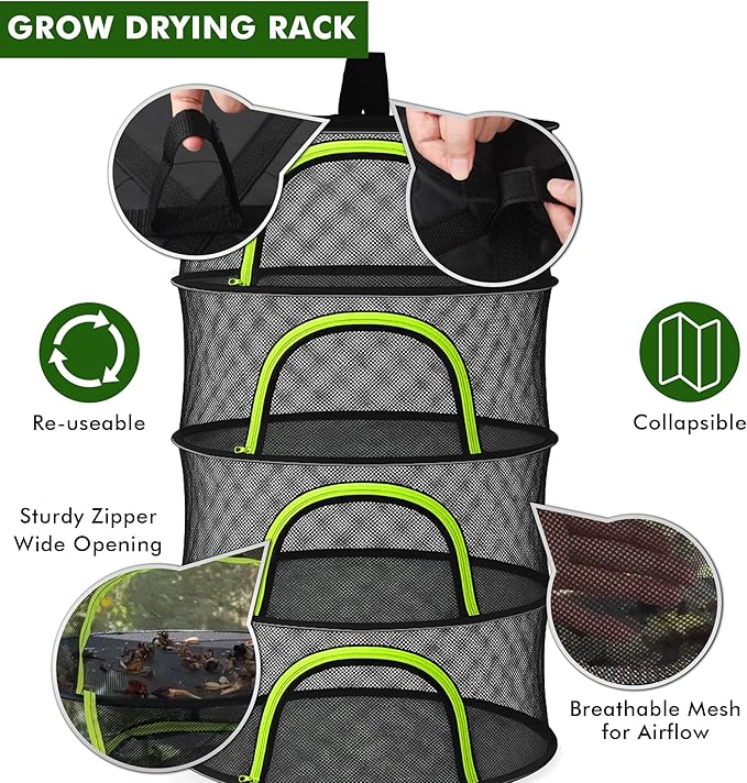 Herb Drying Rack Hanging Mesh 4 Layer 24" with Zipper, Garden Pruning Shear, Hook & Carabiner Clip for Drying Herbs, Plants, Seeds, Buds | Hydroponics & Grow Tents Herb Dryer Hanging Rack