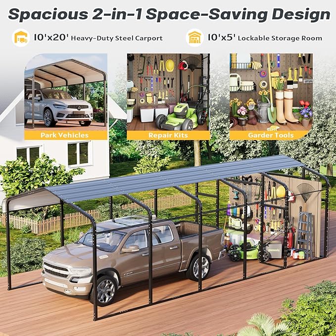 EROMMY 10x25 FT Carport Storage Shed 2-in-1, Heavy Duty Car Port with Galvanized Metal Frame, Base-Reinforced Enclosed Storage Shelter, Extended Coverage for Trucks, Cars & All Vehicles, Gray