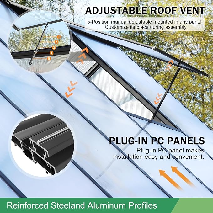 Large Greenhouse, 10x20 FT Easy Assembly Hybrid Polycarbonate Greenhouses for Outdoors w/Vent Windows & Swing Door Walk-in Greenhouses Aluminum Green House for Outside, Black