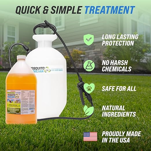 Mosquito Magician 1 Gallon Liquid Concentrate with a 2 Gallon Pump Up Sprayer - User-Friendly - Ideal for Yards, Lawns, Patios - Kills Mosquitoes, Fleas, Fire Ants - Includes 6 Natural Essential Oils