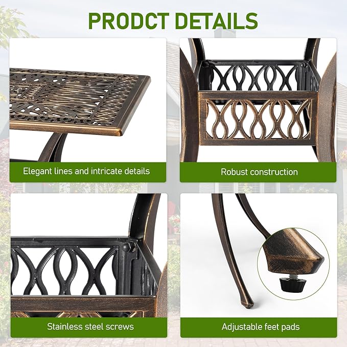 Outvita Patio Side Table, 35.4in Outdoor Square Cast Aluminum Bistro Table with Umbrella Hole and Antique Design for Backyard Porch Pool Balcony Deck Bronze