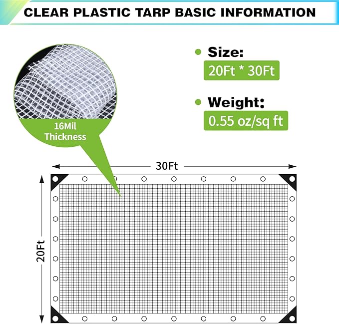 20Ftx30Ft Clear Greenhouse Plastic Covering, 16Mil Thickness Heavy Duty Clear tarp for Chicken coop, Greenhouse Plastic sheeting with Hemmed Edges & preinstalled Grommets.