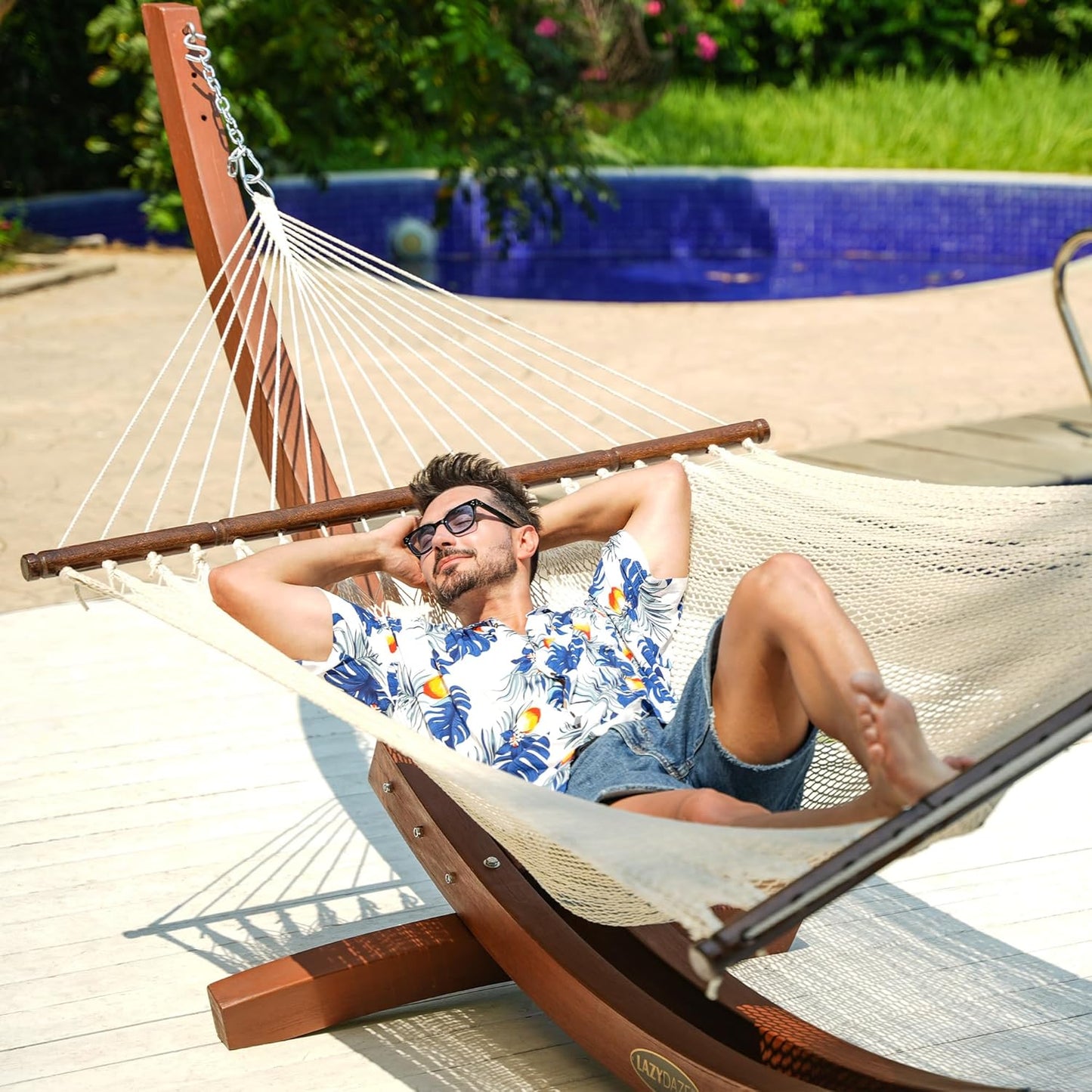 Lazy Daze Hammocks 10.5 FT Double 2 Person Caribbean Rope Hammock, Hand Woven Polyester Hammock with Spreader Bars, for Outside Outdoor Backyard Patio Poolside,450 LBS Capacity, Cream