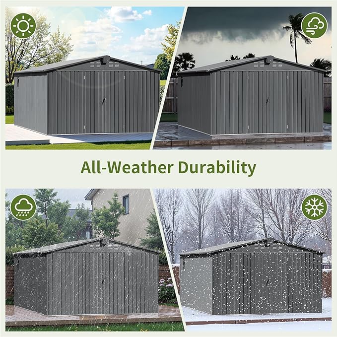 10x12 Ft Large Outdoor Storage Shed, Dark Grey Metal Garden Outdoor Storage Workshop Shed with Lockable Doors, Windows, Air Vents, Waterproof for Backyard, Mower Storage, Backyard, Lawn, Patio