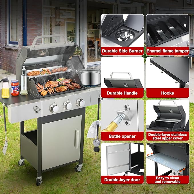 3-Burner Propane Gas Grill with Side Burner, 37,000 BTU Outdoor BBQ Grill with Porcelain-Enameled Cast Iron Grates, Thermometer, Double Layer Lid Stainless Steel Grill for Outdoor Cooking, Patio BBQ