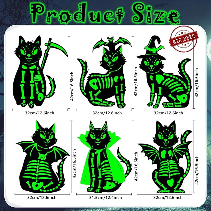 16.5”×12.6” Halloween Black Cat Yard Decorations Glowing in The Dark, 6Pcs Spooky Halloween Skeleton Cat Signs for Outdoor Porch, Garden, Graveyard and Party, Waterproof and Durable Yard Stake