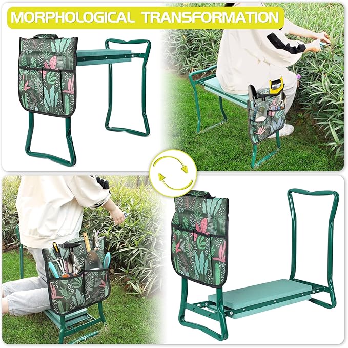 Garden Kneeler and Seat Stool with 2 Large Tool Bags and Soft Kneeling Pad Heavy Duty Garden Foldable Bench for Gardening Lovers (2 Tool Bags)