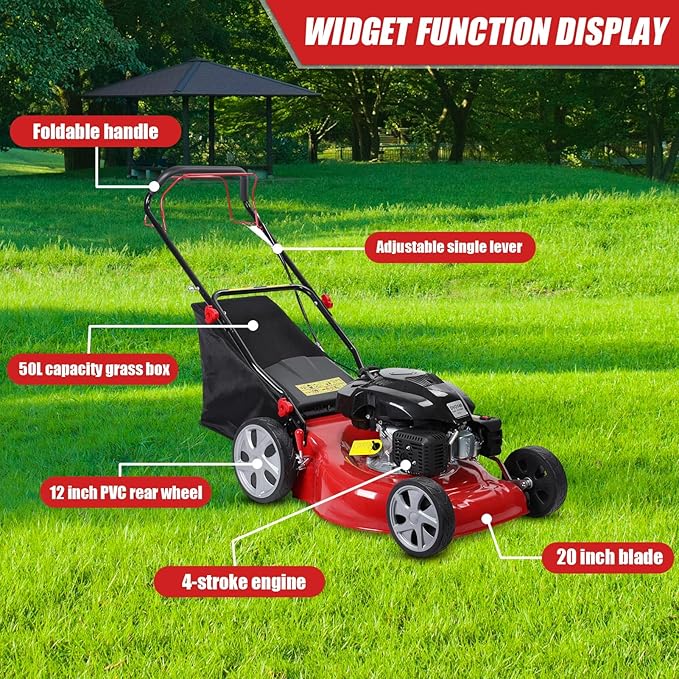 Self Propelled Gas Lawn Mower, 141cc Gas Engine Walk-BehindLawn Mower Cordless Walk-Behind Lawns Mowers with 20 Inches Blade 50L Grass Tank Big Wheels Red