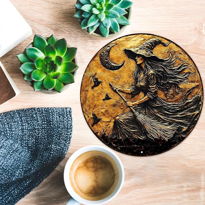 PEACHGARDEN Round 2D Halloween Witch Broom Vintage Sign Halloween Witch Metal Tin Sign for Home Bar Kitchen Hotel Dining Room Coffee 12x12inch