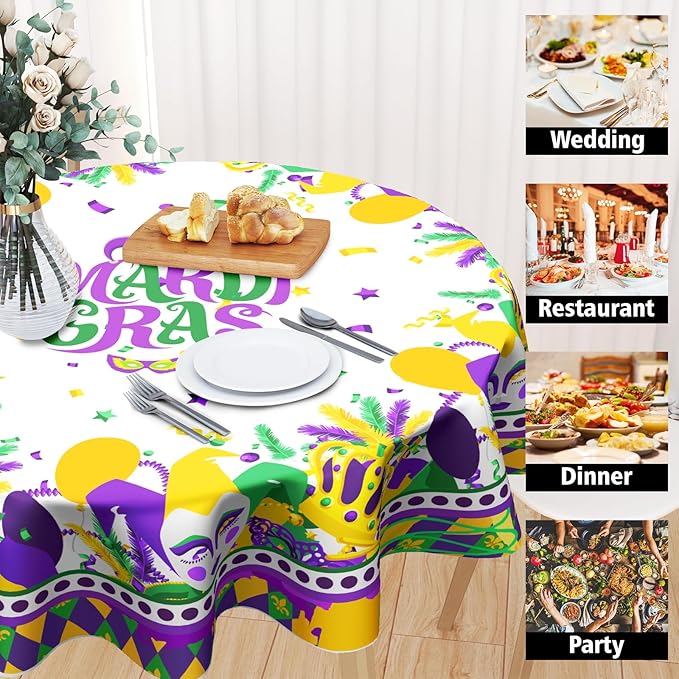 Giwawa Mardi Gras Round Tablecloth 60 Inch, Carnival Mask Balloon Table Cover Seasonal Festival Holiday Kitchen Dining Table Decoration for Indoor Outdoor Home Party Decor
