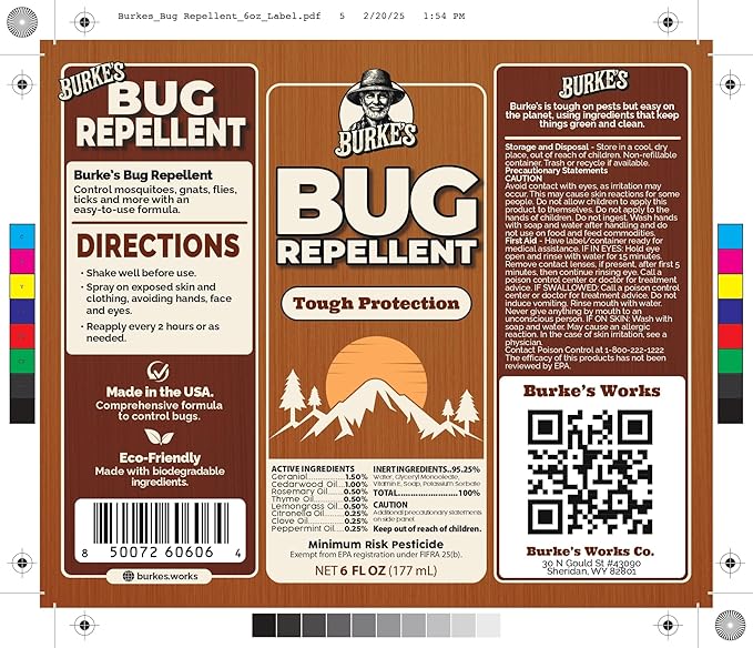 Burke’s Bug Repellent Spray – DEET-Free, Kid & Pet Safe Insect Repellent for Mosquitoes, Ticks, and Gnats – Travel Size, Natural Essential Oils, Outdoor Protection, 6 oz (180mL)