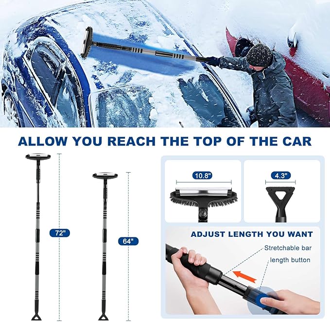 72" Long Snow Brush Ice Scraper | Extendable | Multipurpose | Easy to Use | Antifreeze Gloves | 270° Pivoting | Snow Ice Removal | Fit for Car SUV MPV Truck Van Windshield Window Roof Gift