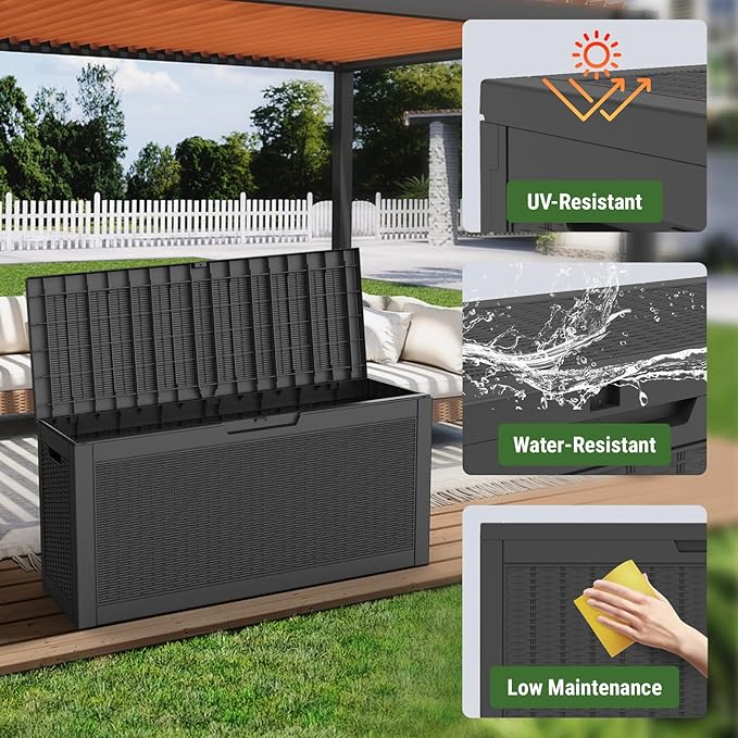Mars Villa Deck Box, Waterproof Weatherproof and UV Resistant Resin Storage Bin with Lockable Lid, Ideal for, Outdoor, Patio Furniture Cushions, Pool Supplies, Garden Tools (60 Gallon, Black)