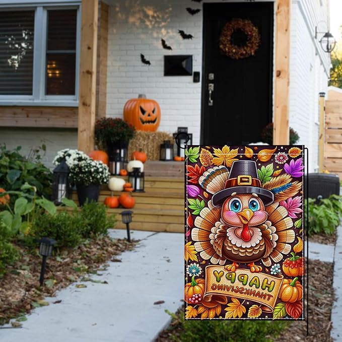 Fall Thanksgiving Garden Flag 12 x 18 Inch Double Sided Turkey Pumpkin Maple Leaves Designs Autumn Burlap Yard Flag for Outside Rustic Yard Outdoor Holiday Home Decoration