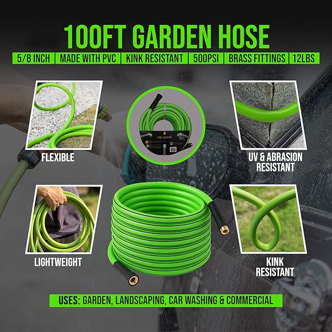100ft Garden Hose – 5/8 in Lightweight PVC, Flexible, UV-Resistant, Kink-Resistant, 500 PSI Burst Strength, Brass Fittings, Weatherproof Hose for Lawn, Garden, Car Wash, Outdoor Use