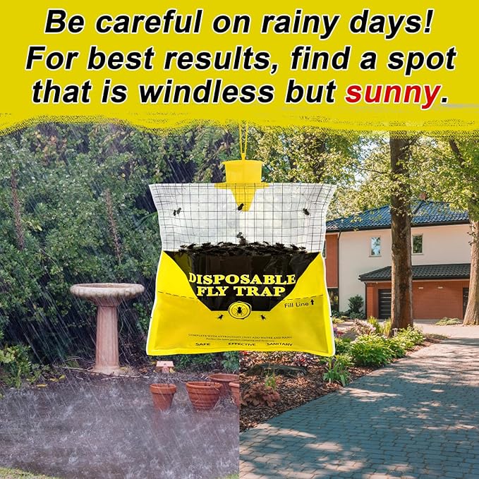 Glovv Fly Traps Outdoor Hanging with Fly Bait, 4 Pack Disposable Bags Hunter Ranch Trap, Flies Control Bug Catcher Killer Repellent for Stable Horse Barn & Farm