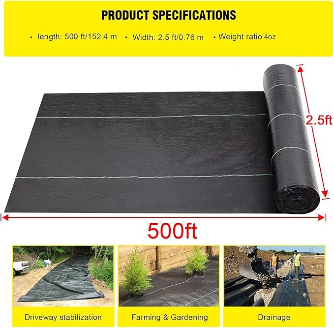 Driveway Fabric, 2.5x500 ft Road Fabric Commercial Barrier Fabric, Landscape Fabric Heavy Duty 4OZ French Drain Fabric for Erosion Control,Landscape Fabric,Construction Projects
