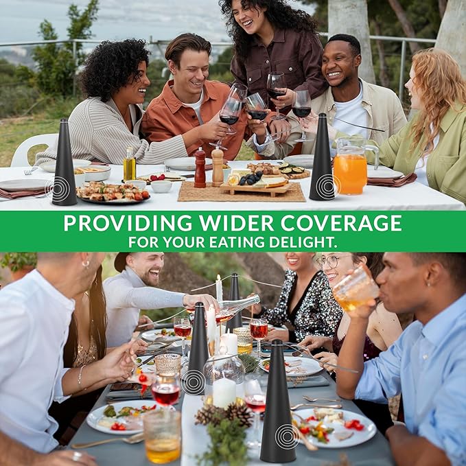 Fly Away Ultra - 2 Pack Rechargeable Outdoor Fly Fans for Tables with Ultrasound, Outdoor or Indoor Tabletop use, Restaurant, Barbeque, Events, Deter Flies, Wasps, Bees, Moscas and Bugs, Hanging Hook.