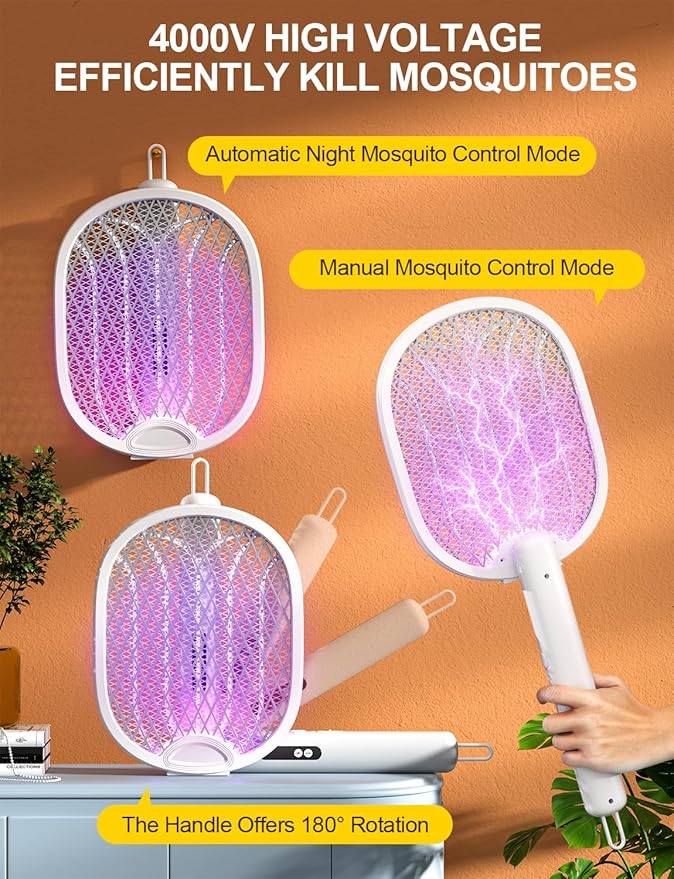 Electric Fly Swatter 3 in 1 Bug Zapper Racket with 4000V 1800mah Battery 5-Layer Safety Mesh 180° Foldable Electric Mosquito Swatter Suitable for Indoor or Outdoor