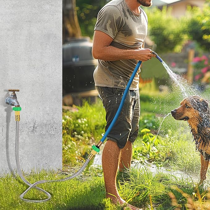 Short Garden Hose with Female to Female Connector, 5ft Metal Leakproof Leader Hose for Hose Reel, Heavy Duty 304 Stainless Steel Flexible Hose for Outdoor Garden Watering Car Pet Cleaning