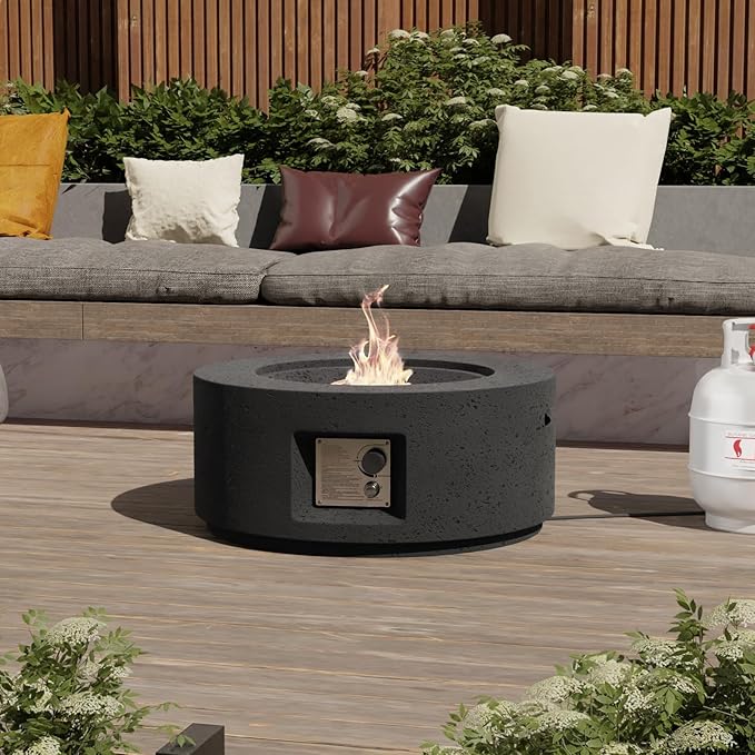 SUNBURY Outdoor Fire Pit, 28" Round Propane Gas Patio Fire Table 40,000 BTU Concrete Travertine Design, CSA Certified, Circular Base Small Firepit with Lava Rocks, Waterproof Cover (Grey)