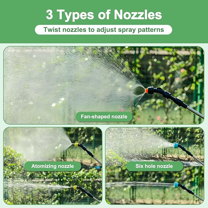 Battery Powered Garden Sprayer 1.35 Gallon, Electric Powered Sprayers, Weed Yard Lawn Sprayer with Battery Indicator, 3 Mist Nozzles, Retractable Wand & Adjustable Strap for Yard, Lawn, Garden