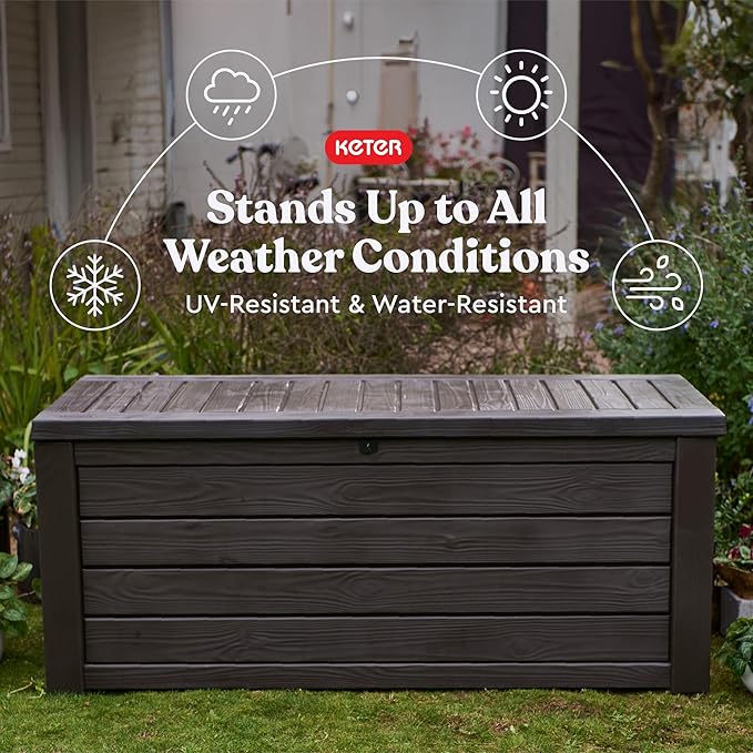 Keter 150 Gallon Resin Large Deck Box Organization and Storage Box for Patio, Outdoor Cushions, Garden Tools, Brown