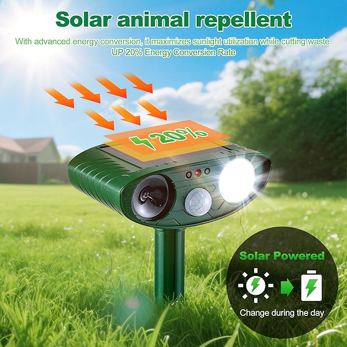 2 Pack Outdoor Solar Animal Repeller - Ultrasonic & Strobe Light, Deterrent for Cats, Dogs, Raccoons, Rabbits, Skunks, Foxes & More
