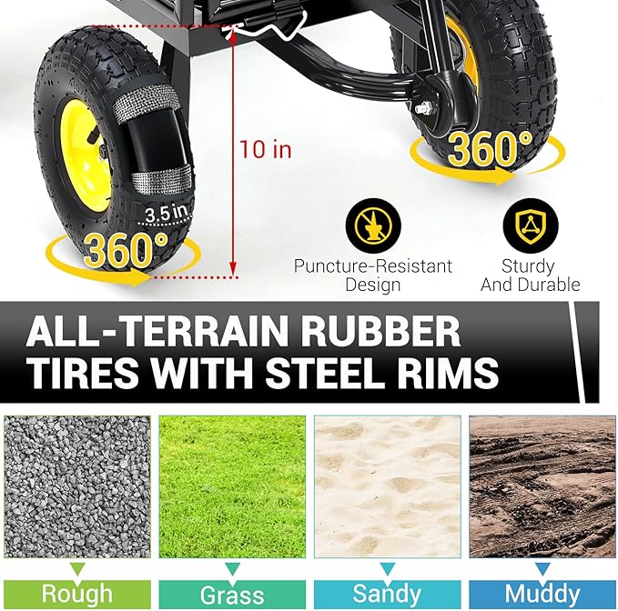 Steel Garden Cart, 550 LBS Heavy Duty Metal Garden Wagon with 10" Wheels, Metal Push Wagon with 180° Rotating Handle and Removable Sides for Farm, Yard