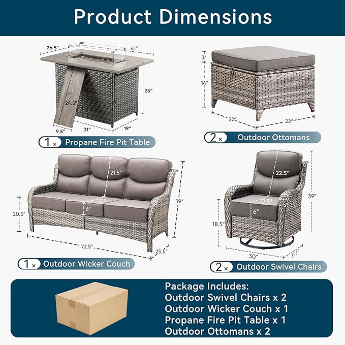 Luxury High Back Outdoor Furniture 6-Inch Thick Cushions with 50,000 BTU Gas Propane Fire Pit Tablet, Patio Furniture Set with Swivel Chairs, 6 PCS for Porch, Balcony, Deck and Yard