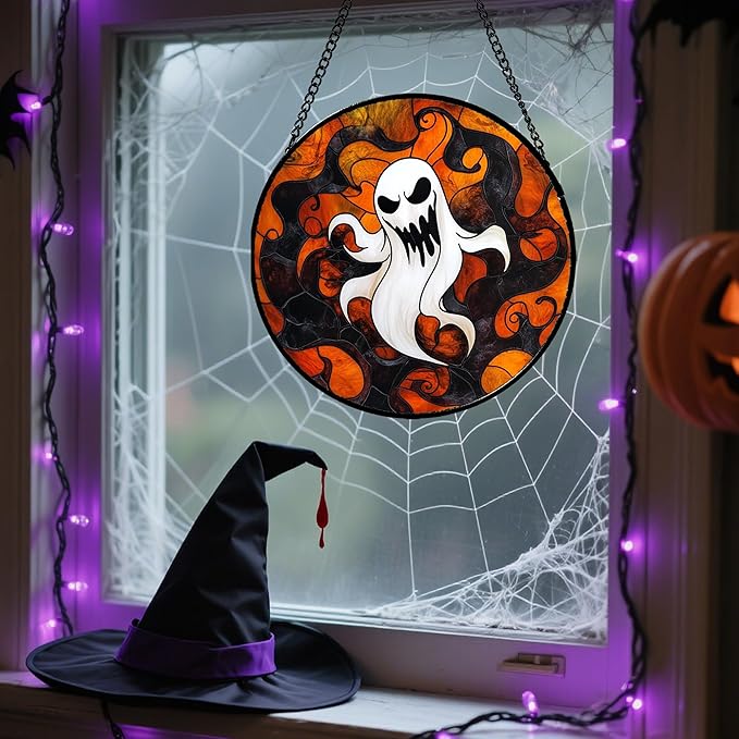 Stained Glass Window Hanging - Halloween White Ghost Suncatcher for Doors Window Garden Indoor Spooky Funny Orange Sun Catchers Gothic Decor Horror Gifts for Women Men Friend 7.8 in