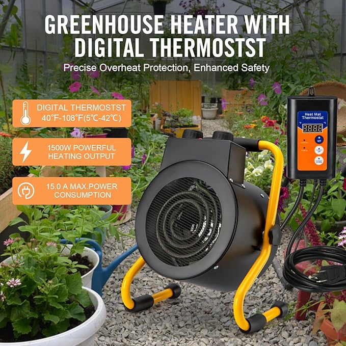 Greenhouse Heater with Digital Thermostat, Green House Heater for Plants,1500W Electric Grow Tent Heaters, Overheat Protection, Fast Heating for Green House, Flower Room, Black