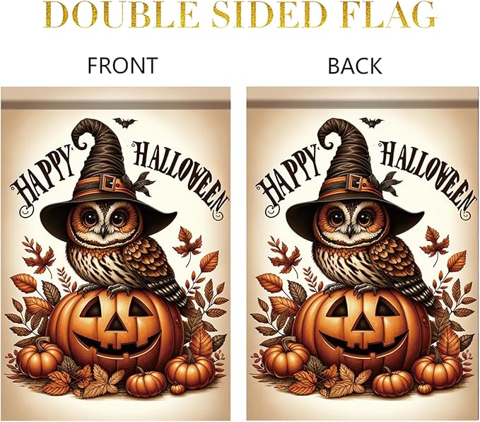 12 x 18 Inch Halloween Garden Flag Owl Pumpkin Witch Hat Outdoor Yard Decoration Double Sided Happy Halloween Banner for Outside Decorations Garden Yard Autumn Harvest Holiday Theme