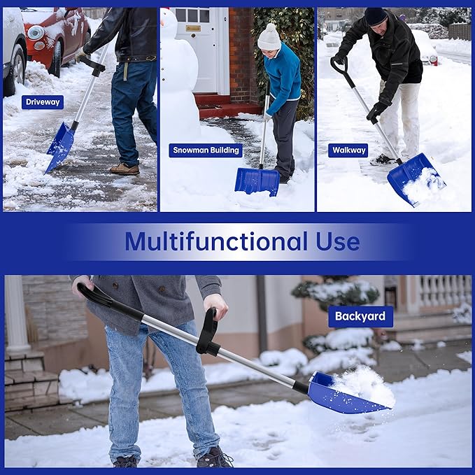 Snow Shovel for Driveway: 48" Ergonomic Dual D-Handles for Less Back Strain - Aluminum Wear Strip Cleaning Shovel - Lightweight & Portable Snow Removal Tool for Car Camping Outdoor (Blue)