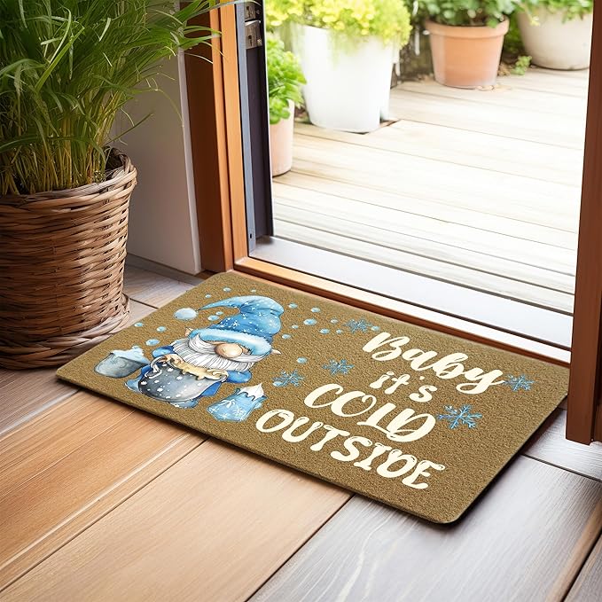 Winter Christmas Gnome Faux Coir Door Mats Outdoor, Blue Gnome Snowflake Christmas Door Mat for Home Outside Entryway, Winter Welcome Doormat for Indoor Outdoor Porch Entrance, 17x30 Inch