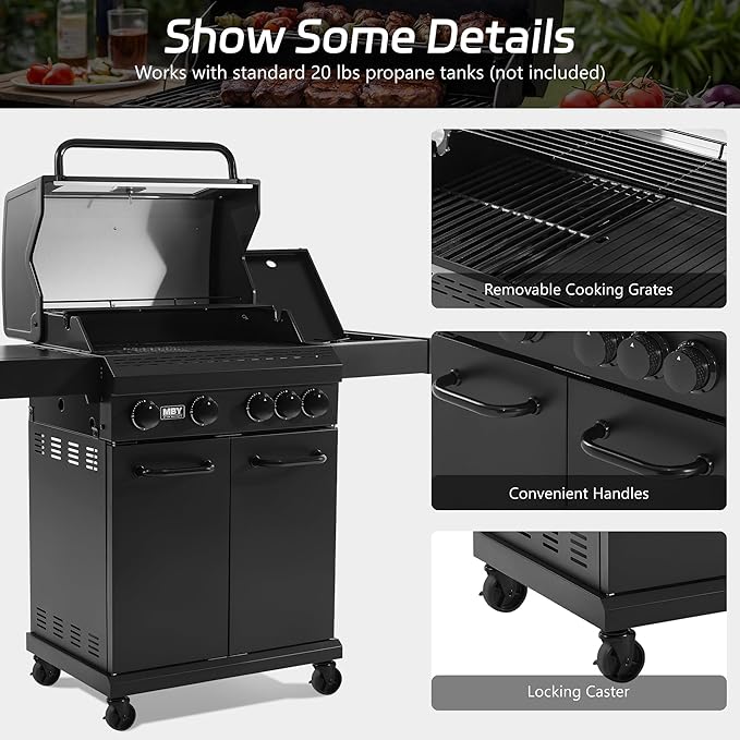 MBY 4-Burner Propane Gas Grill, 50,000 BTU Heavy Duty Outdoor BBQ Grill with Side Burner, Cast Iron Cooking Grates & Griddle for Backyard Barbecue