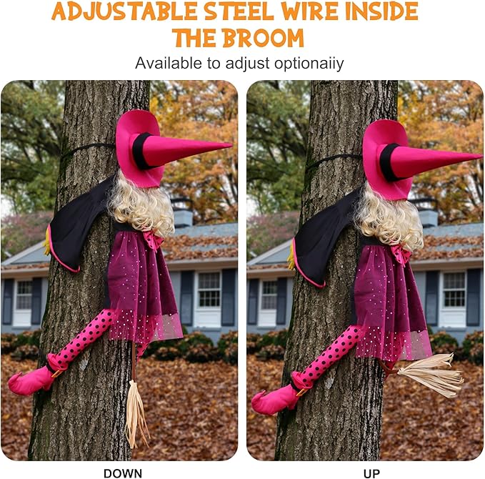 53" Crashing Witch Halloween Decoration - Funny Pink Witch Tree Prop for Yard, Porch, Door, Fence, Patio, Lawn, Garden - Indoor & Outdoor Hanging Halloween Decor