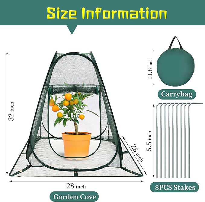 Pop up Garden Netting Cover Plant Guard Cover with Stakes Bird Plant Tent Protector for Vegetables Fruits Flowers (1, 28 * 28 * 32 inch)