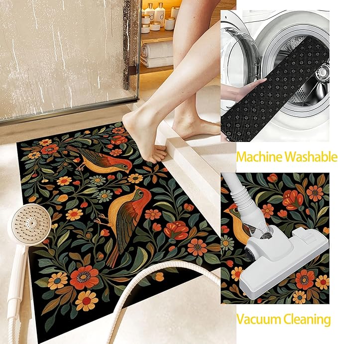 Front Door Mat,Vintage Flowers Birds Doormat Outside Entrance,Non-Slip Rustic Green Leaf Entryway Rug for Porch Patio, Felt Low Profile Welcome Mat Indoor for Hallways, 30 x 17 Inch