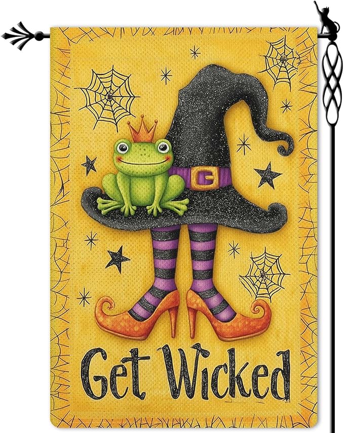 Get Wicked Garden Flag Witch Hat Holiday Garden Flag The Frog Prince Vertical Double Sided Rustic Farmland Burlap Yard Lawn Outdoor Decor 12.5x18"