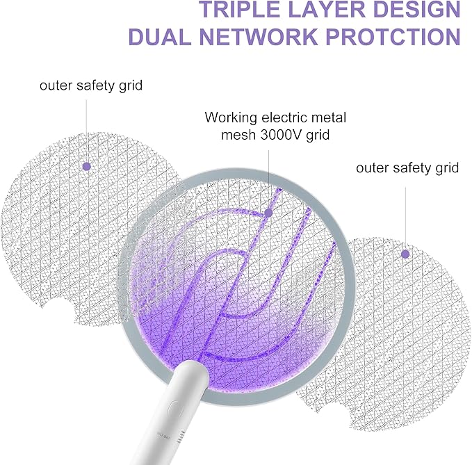 Electric Fly Swatter 3000V Bug Zapper Racket, 1200mAh Rechargeable Raqueta Electrica Mosquitos Hand Held Dual Modes Mosquito Killer with Purple Mosquito Light for Indoor Outdoor - 2Pack