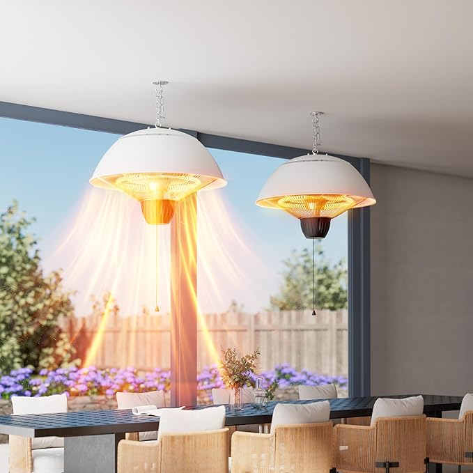 Electric Outdoor Heater, 1500W Hanging Ceiling Mounted Infrared Patio Heater for Outdoor Use, Waterproof Electric Heater for Porch, Balcony, Garage, Adjustable Height, White